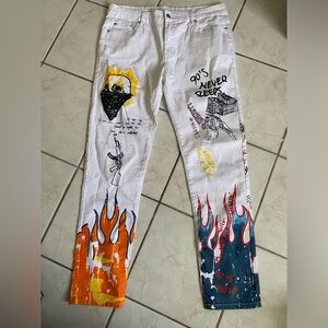 White Graphic Print Jeans with Multicolor Designs